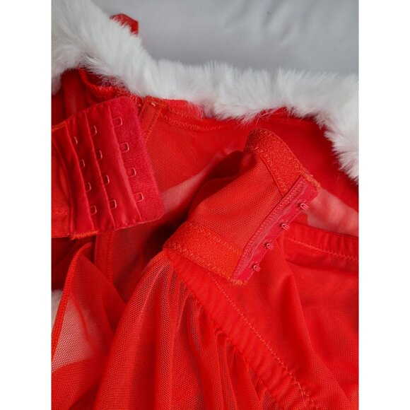 Adore Me Sheer Red Babydoll Lingerie With Faux Fur Trim & Pom Poms Size 40H - Picture 5 of 8